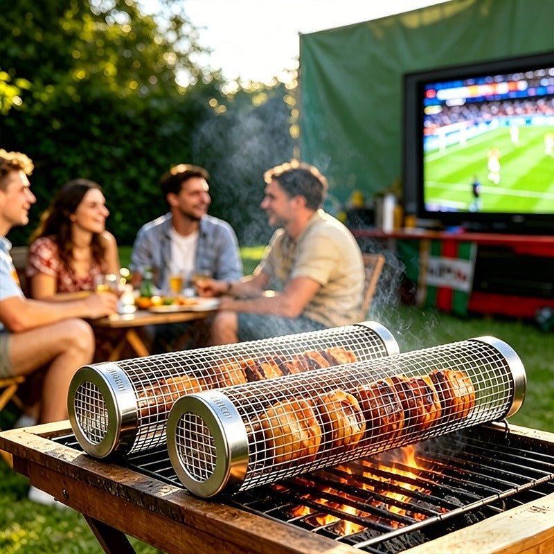 Rolling Grill Basket Stainless Steel 2-Pack, Cylinder BBQ Basket with Hook & Fork for Vegetables