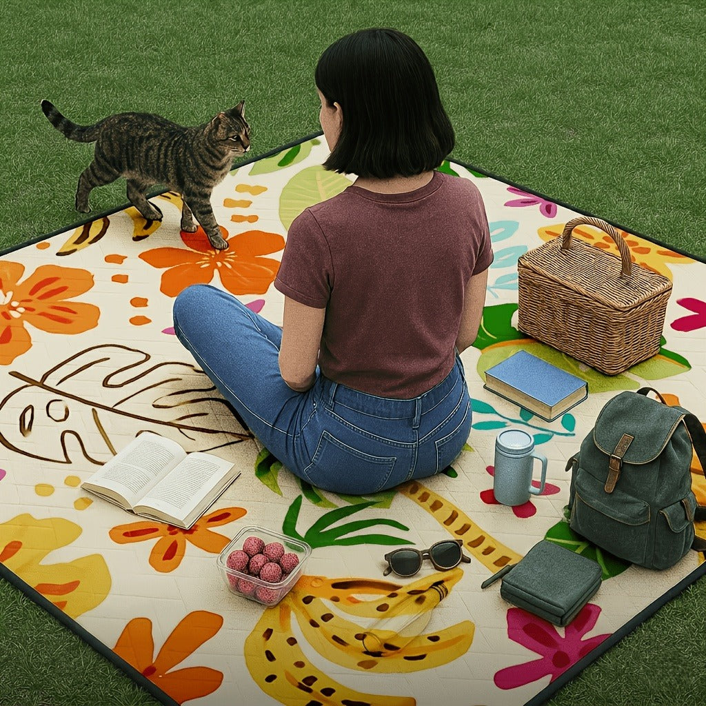 Padded Foldable Picnic Blanket with Floral Pattern for Beach Trips, Park Outings, Camping and Everyday Travel