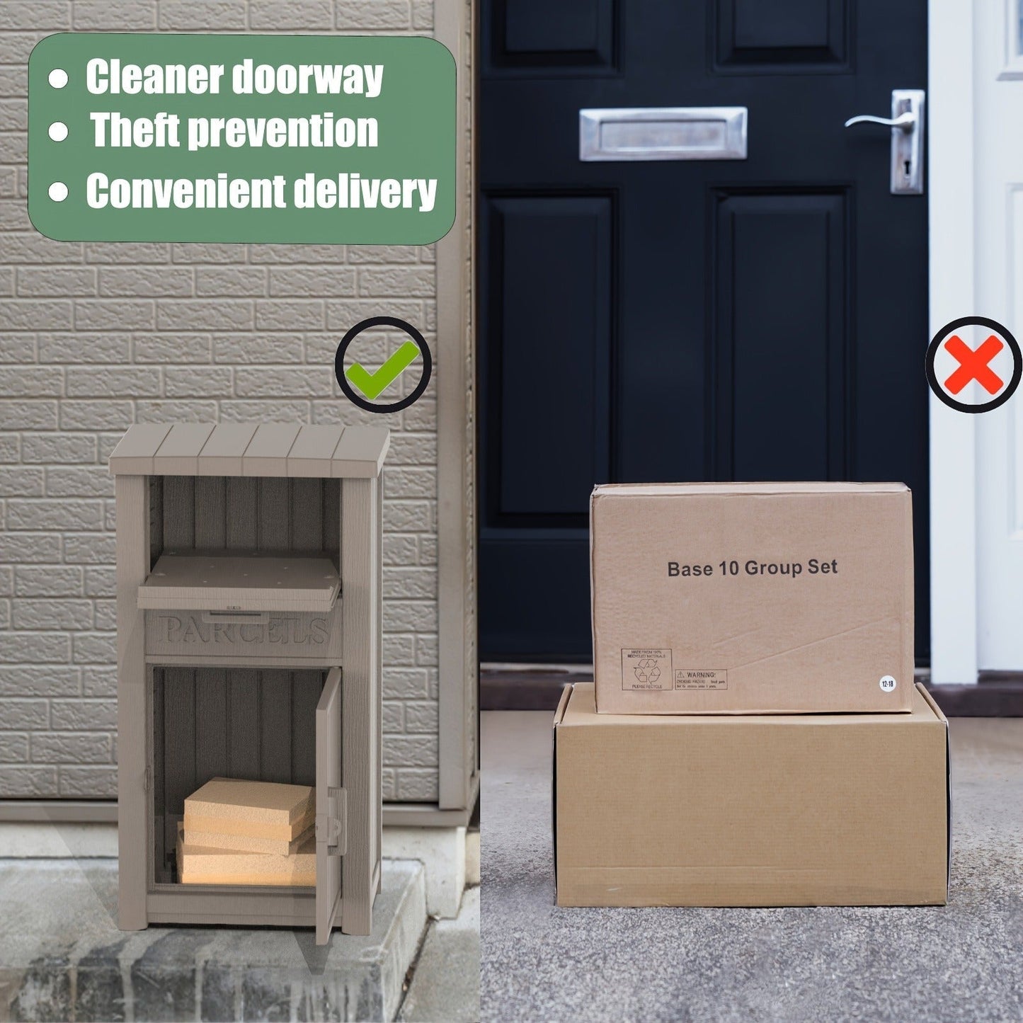 Tall Light-Brown Parcel Outdoor Storage Box with Drop Compartment, Front Door and Lock Hardware