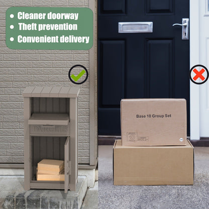 Tall Light-Brown Parcel Outdoor Storage Box with Drop Compartment, Front Door and Lock Hardware