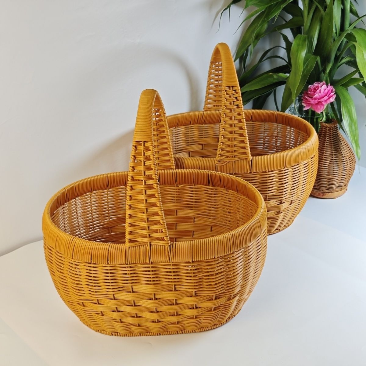 Rattan Basket Woven Shopping Basket with Handle – Extra Large Handcrafted Picnic Basket for Fruits, Eggs, Vegetables