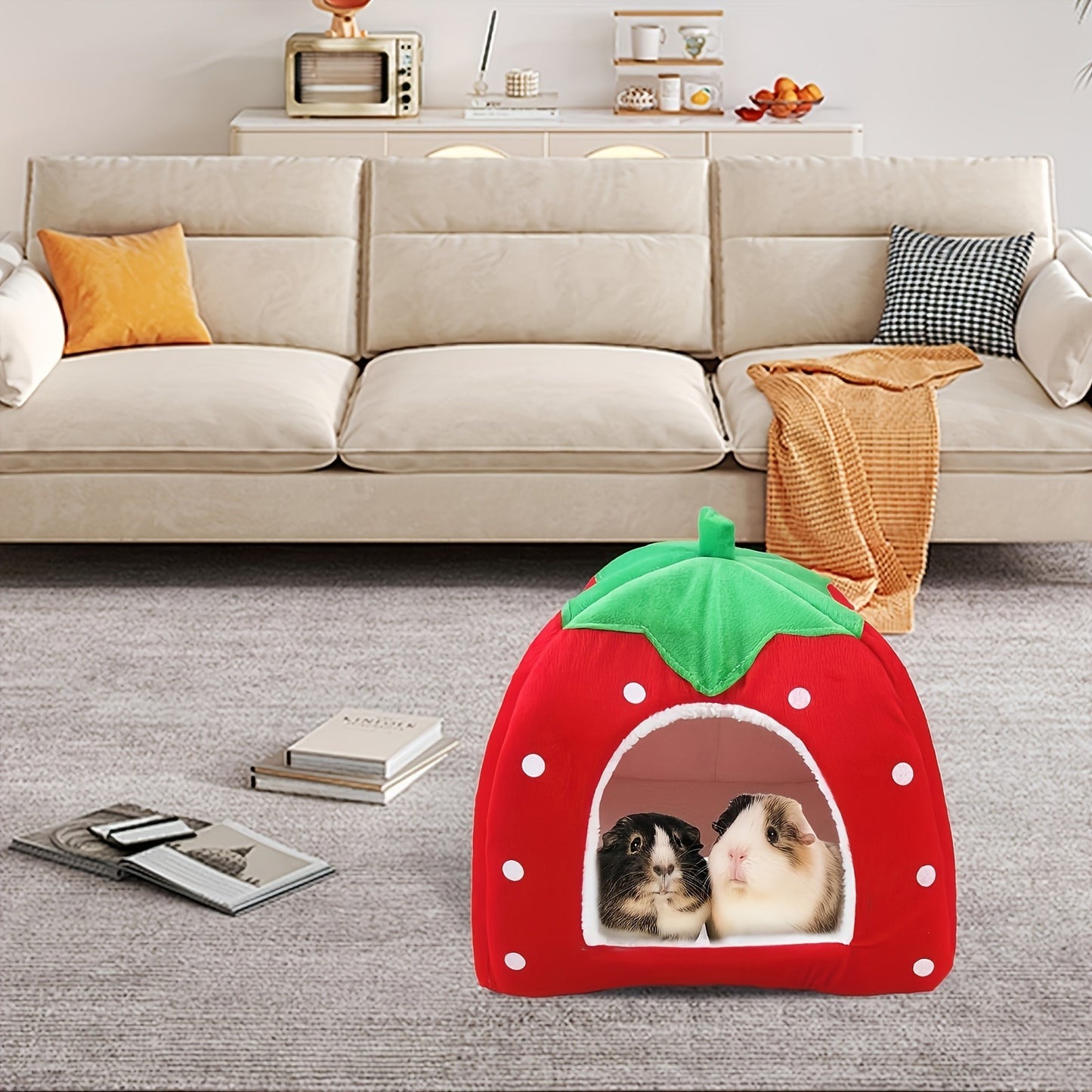 Small Animal Hideaway Bed 2pcs – Strawberry Plush Hideout for Guinea Pigs, Hamsters & Rabbits, Semi-Enclosed Warm Nest with Leaf Design
