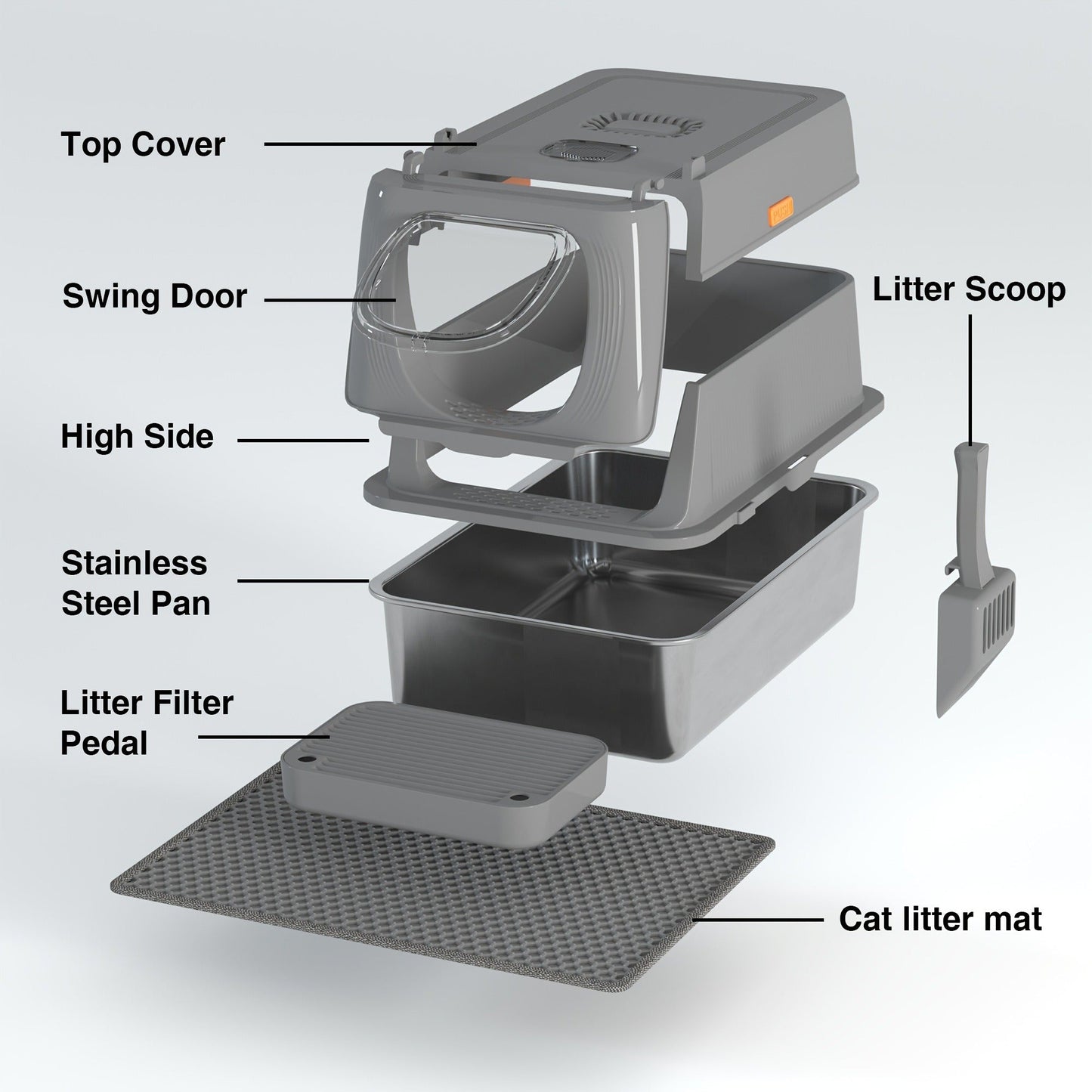 CITYLIFE Cat Litter Box with Stainless Steel Basin, Removable Enclosure, Flap Door, Top Entry, Step and Mat