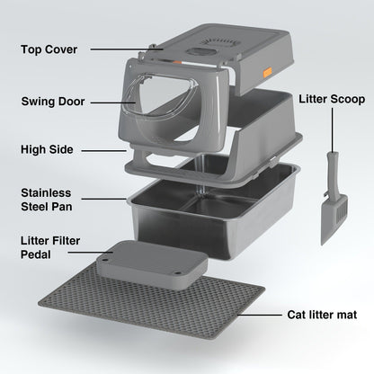 CITYLIFE Cat Litter Box with Stainless Steel Basin, Removable Enclosure, Flap Door, Top Entry, Step and Mat