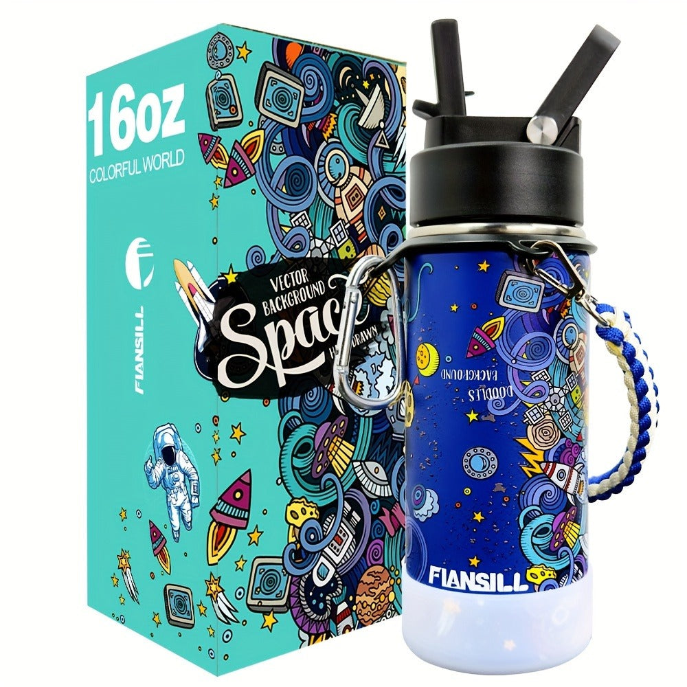 FIANSILL 16oz Stainless Steel Water Bottle with Flip-Up Straw Lid, Wrist Strap, Carabiner and Eight Prints