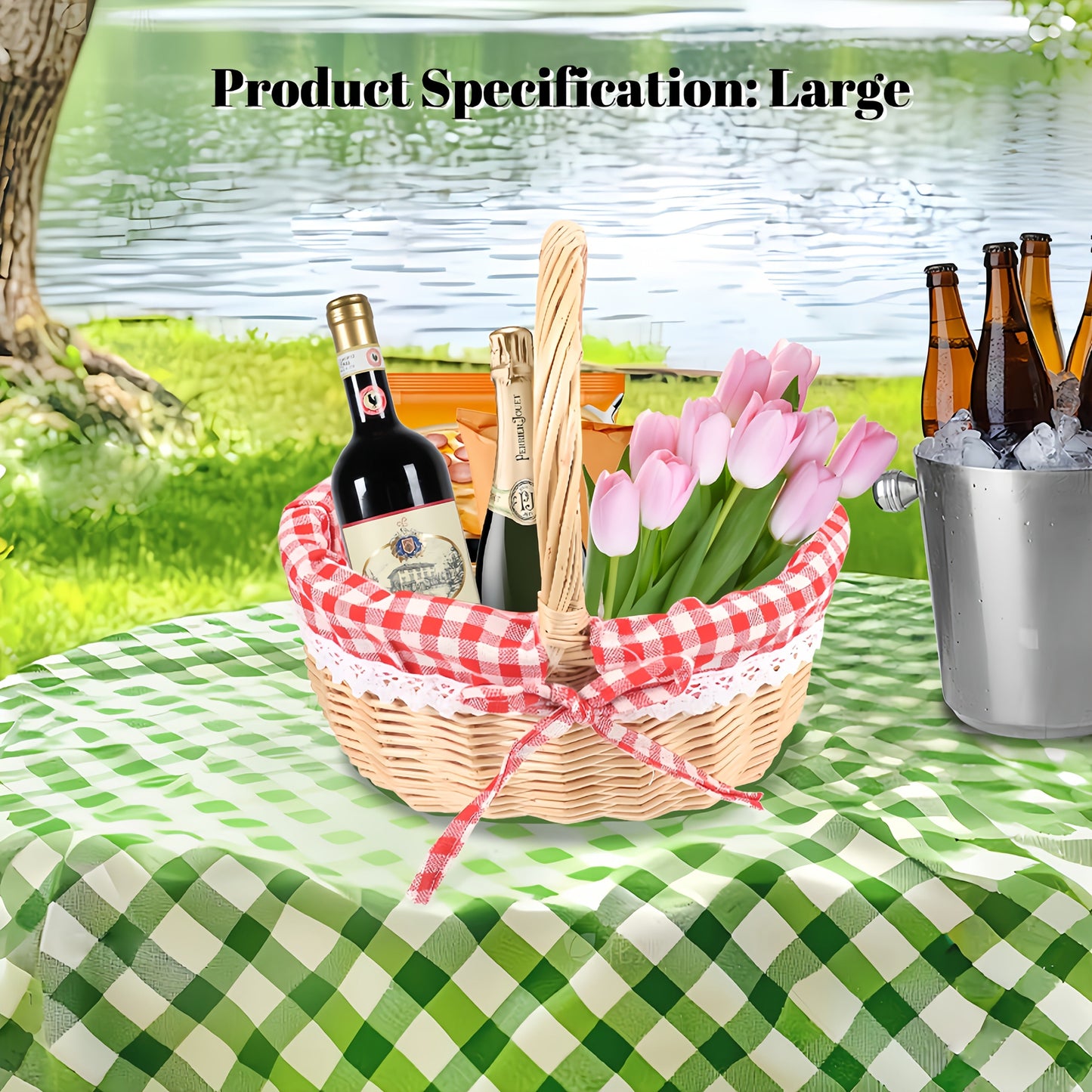 Large Wicker Picnic Basket with Split Lid, Central Carry Handle and Red Checkered Textile Lining