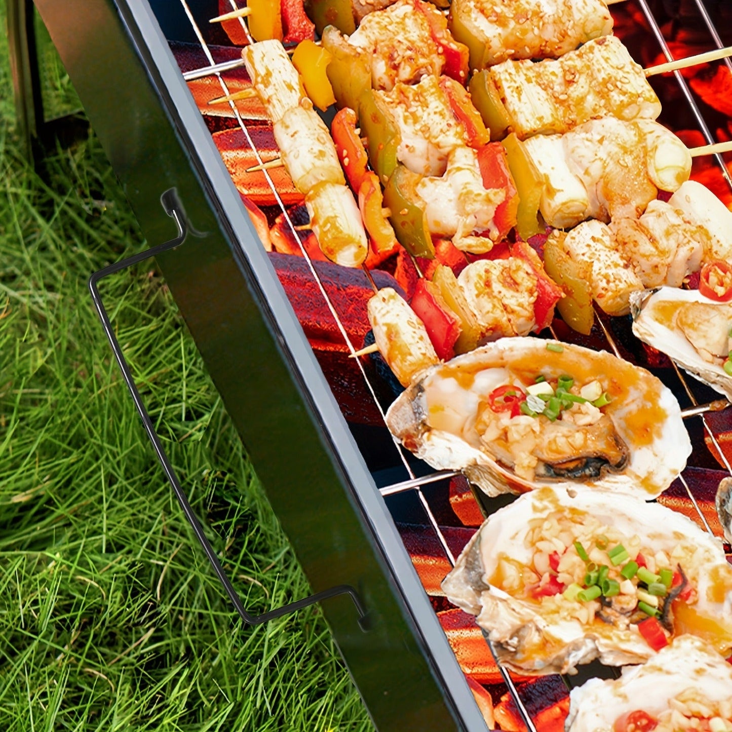 Folding Charcoal Grill with Rectangular Black Body, Layered Grate, Charcoal Mesh and Pull-Out Tray