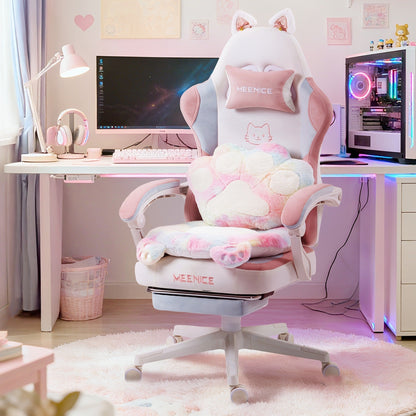 Cat Ear Gaming Chair Ergonomic Reclining Computer Chair with Footrest Paw Lumbar Cushion Wingback PC Game Chair for Girls Adults 300LBS Pink