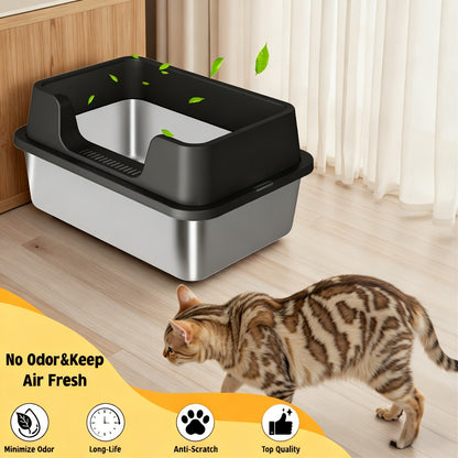 Stainless Steel Cat Litter Box with Scoop – High-Wall Semi-Enclosed Design, Non-Stick Easy Clean Surface, Anti-Leakage Odor Control