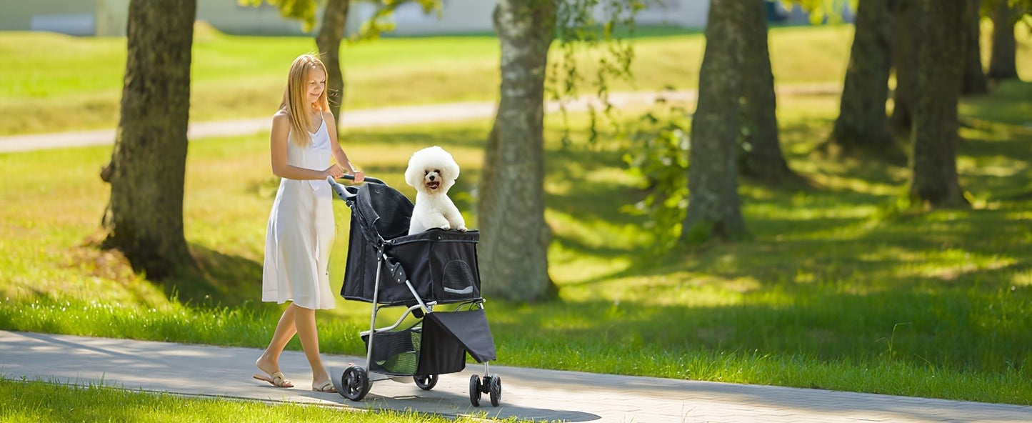 3-Wheel Pet Stroller for Small & Medium Dogs Cats – Foldable Jogger Stroller with Weather Cover, Storage Basket & Cup Holder