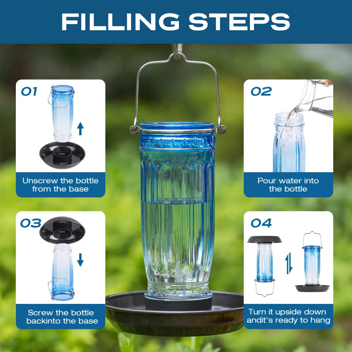 Bird Waterer Outdoor Hanging Glass Wild Bird Water Dispenser with Metal Handle – Gravity Fed Garden Yard Patio Tree Bird Feeder
