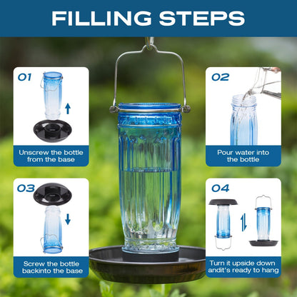Bird Waterer Outdoor Hanging Glass Wild Bird Water Dispenser with Metal Handle – Gravity Fed Garden Yard Patio Tree Bird Feeder