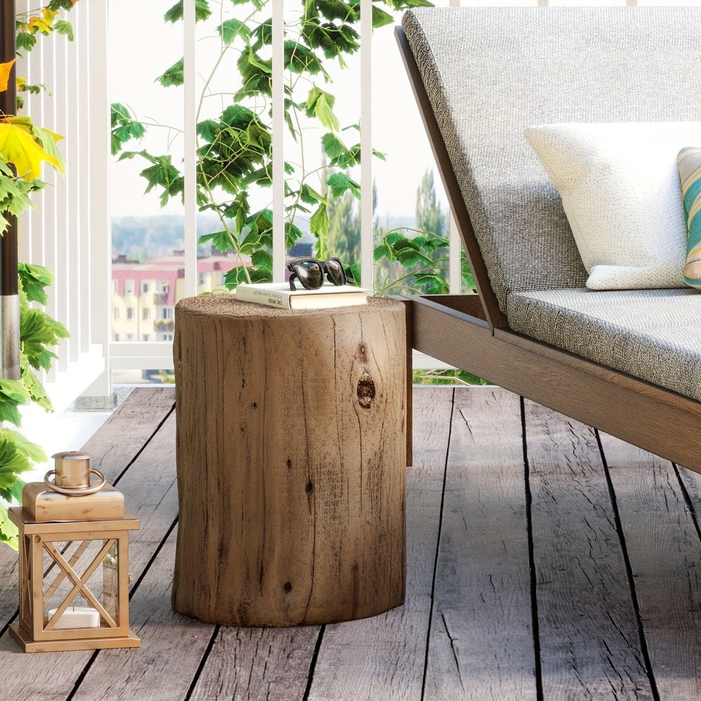 Outdoor Side Table Faux Wood Tree-Stump Design in Magnesia with Cylindrical Form and Brown Finish