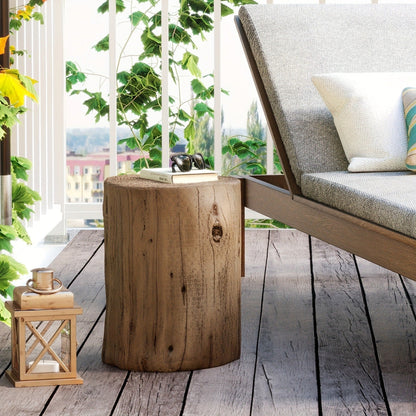 Outdoor Side Table Faux Wood Tree-Stump Design in Magnesia with Cylindrical Form and Brown Finish