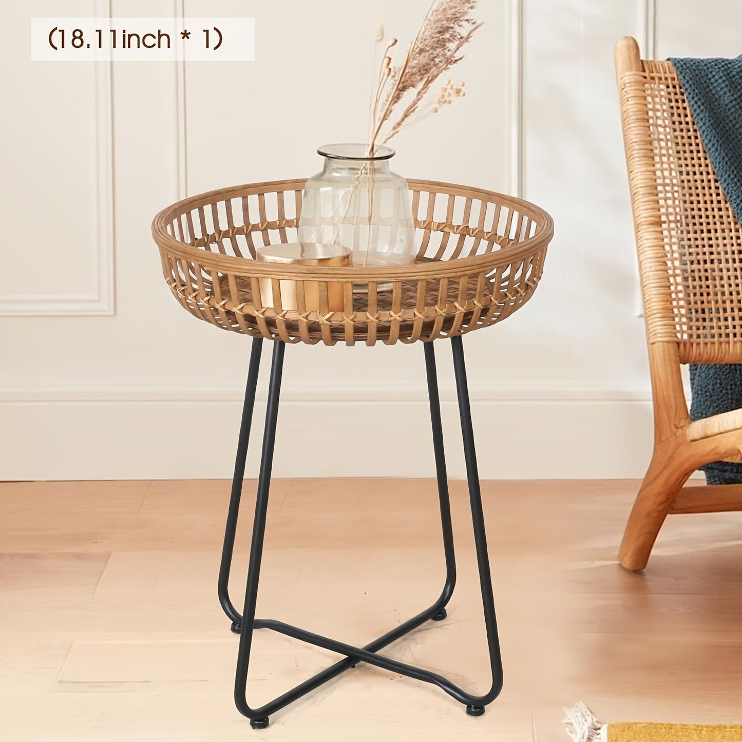 Side Table Rattan Collection with Bamboo-Woven Tops, Metal Bases and 18- or 20.4-Inch Options