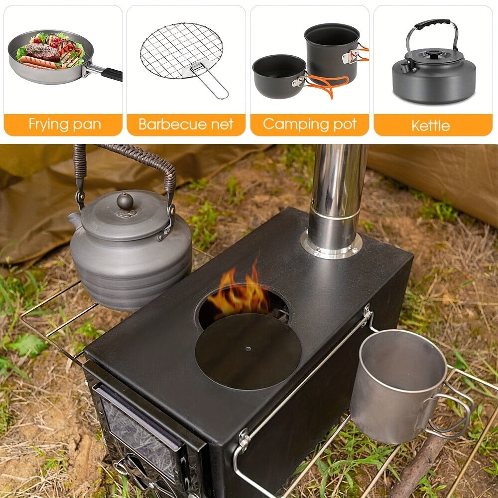 Wood Burning Camp Stove with Chimney Pipe Portable Outdoor Camping Stove for Cooking, BBQ, Boiling Water & Heating