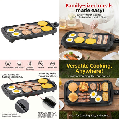 Electric Griddle Non-Stick Teppanyaki Grill Pan, Frying & Grilling All-in-One for Eggs, Steaks, Bacon