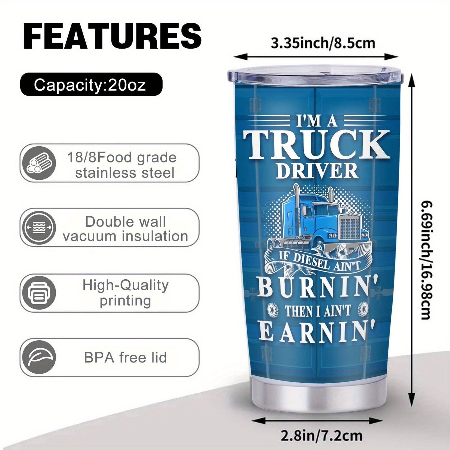 Truck Driver Graphic 20oz Stainless Steel Tumbler with Clear Lid and Blue Printed Finish for Daily Carry