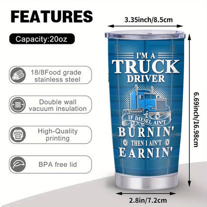 Truck Driver Graphic 20oz Stainless Steel Tumbler with Clear Lid and Blue Printed Finish for Daily Carry
