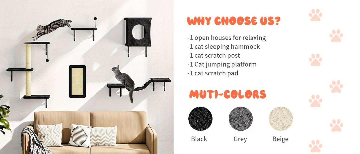 Cat Wall Shelves 5-Piece Set – Wall-Mounted Cat Furniture with Floating Perch, Cat Climber, Bridge & Cat Bed