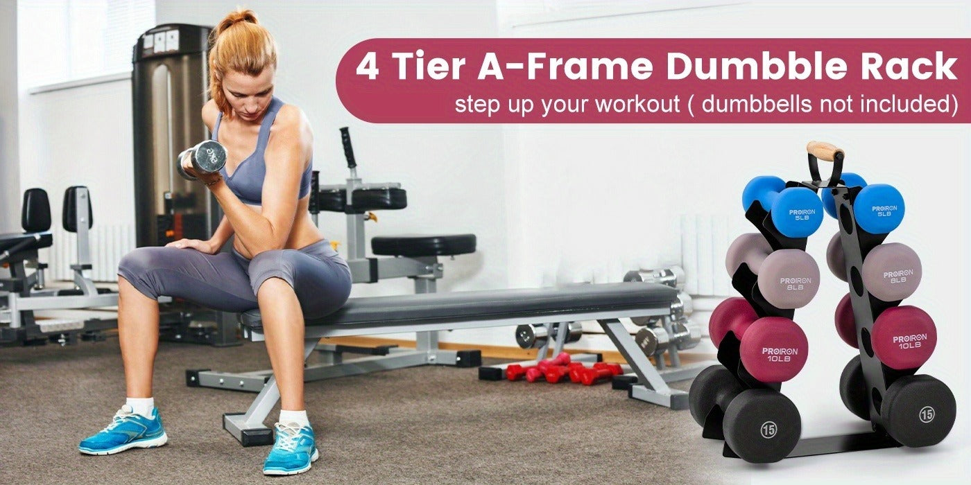 Weight Rack Stand 4-Tier A-Frame with Wooden Handle – Space-Saving Dumbbell Storage for Home Gym, Holds 5–15LB Hex & Rubber Dumbbells