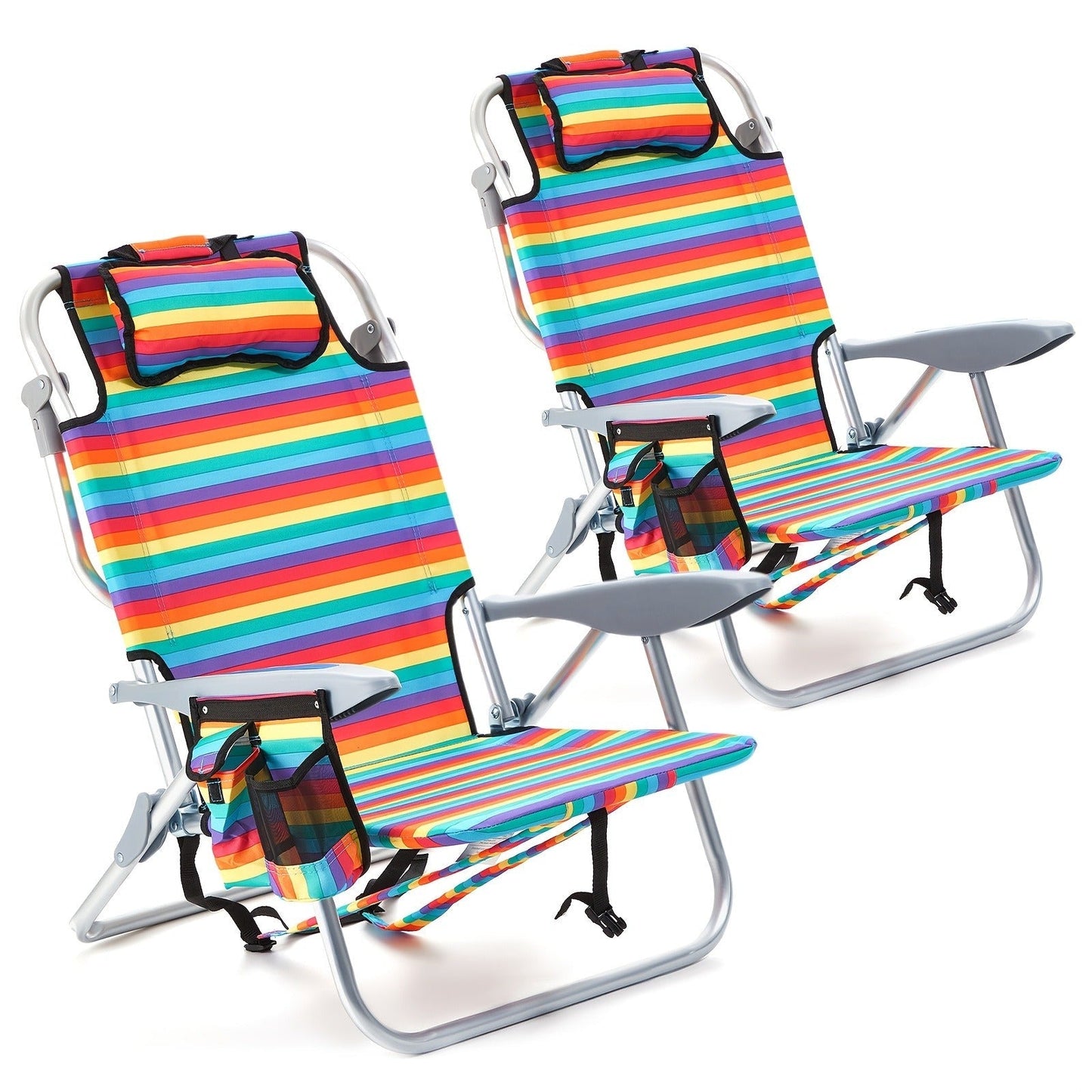 Folding Beach Chair Lay Flat Camping Chair for Adults 4 Position Adjustable Backpack Chair with Cup Holder Towel Bar Cooler Pouch