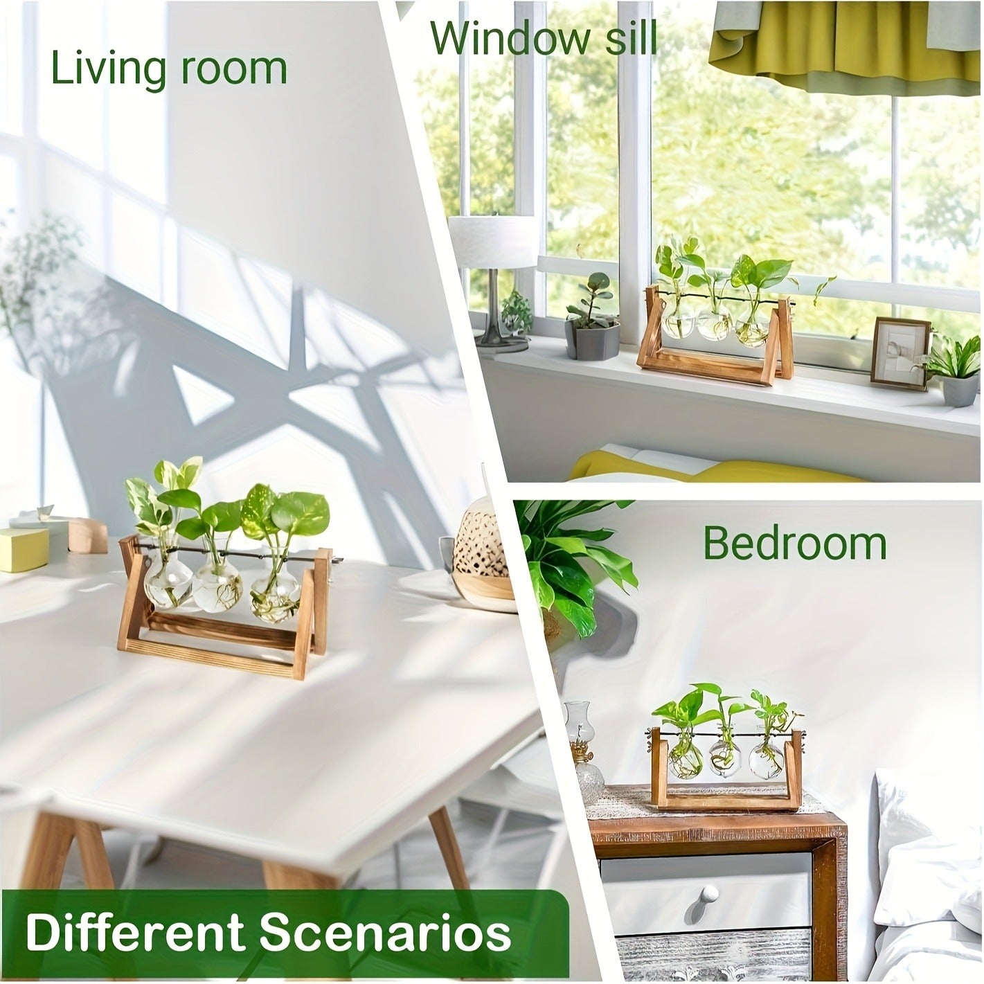 Propagation Station 3 Bulb Glass Vase with Wooden Stand – Hydroponic Plant Terrarium for Home Office Desk Decor