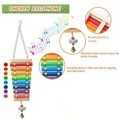 Chicken Coop Toys Set – Xylophone, Swing, Mirror, Step Ladder & Pecking Toys for Hens, Wood & Colorful Bead Enrichment Accessories