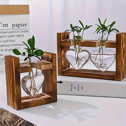 Hydroponic Flower Vase with Wooden Frame Heart-Shaped Pine Glass Bottle for Living Room Desk Home Decor Holiday Gift Single/Double/Triple