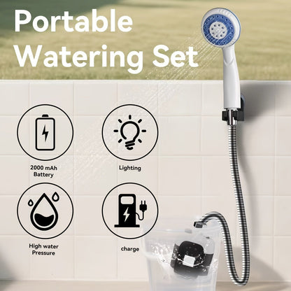 Portable Outdoor Shower with Light 2-in-1 – 2000mAh Rechargeable, Power Display, Spray Nozzle, Hose & Suction Cup – Camping, Hiking