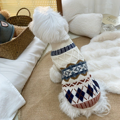 Cable-Knit Dog Turtleneck Sweater with Fair Isle Pattern, Beige or Blue and Five XS–XL Sizes