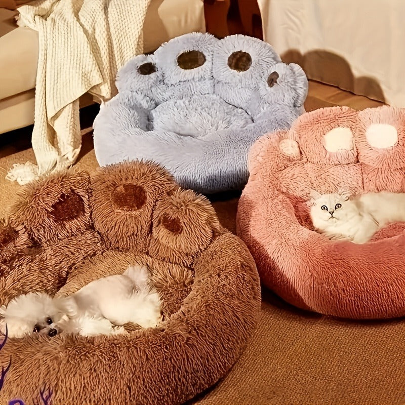 Dog Bed & Cat Bed Plush Bear Paw Print – Soft Warm Pet Bed for Small Medium Large Dogs, Thickened Long Plush, No Assembly