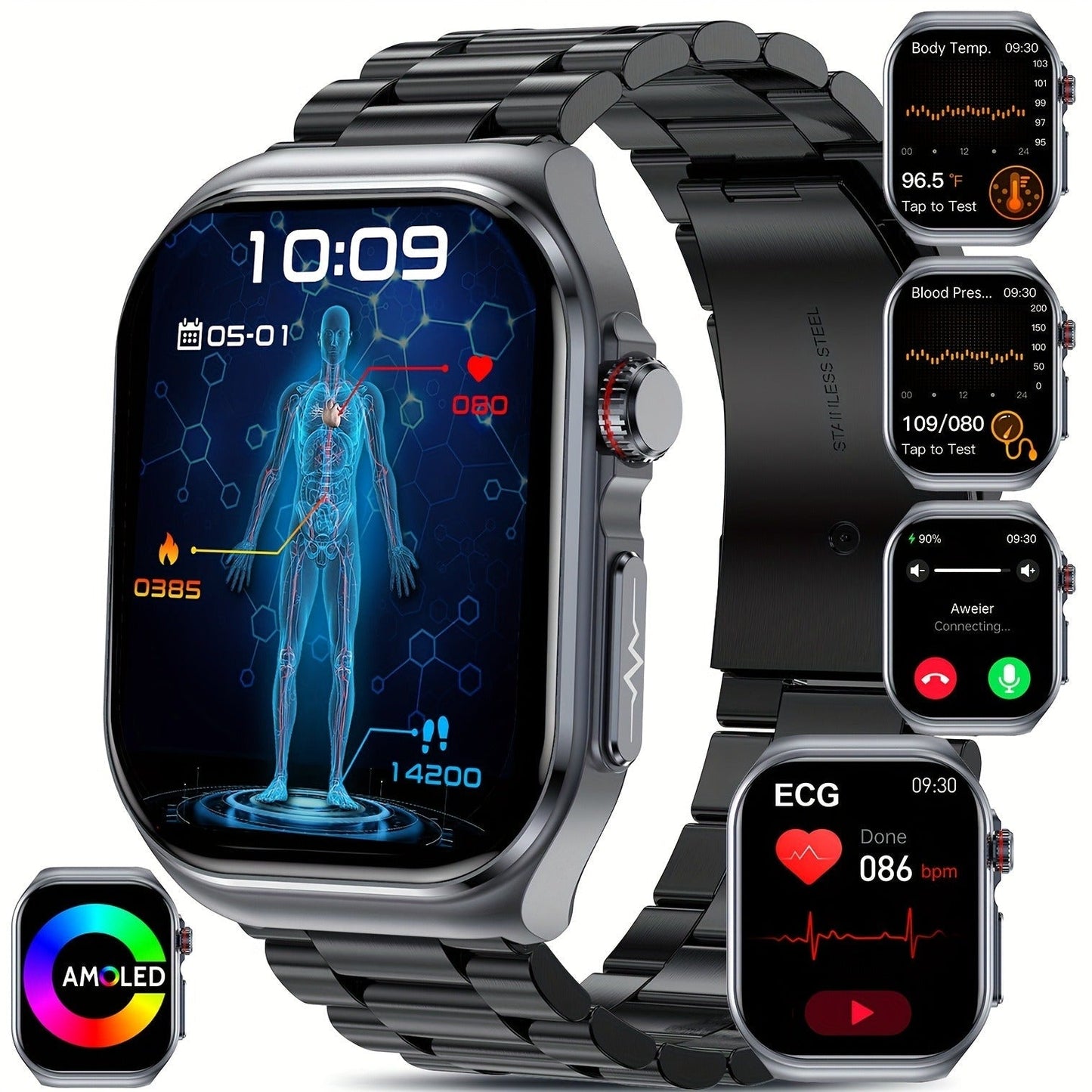 Smart Watch 2.04-Inch AMOLED Display with Bluetooth 5.3 Calling, 530mAh Battery and Six Strap Options