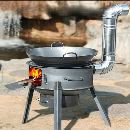 Round Wood-Burning Camp Stove Set with Chimney Pipe, Tripod Legs and 13.78- or 16.93-Inch Diameter Options