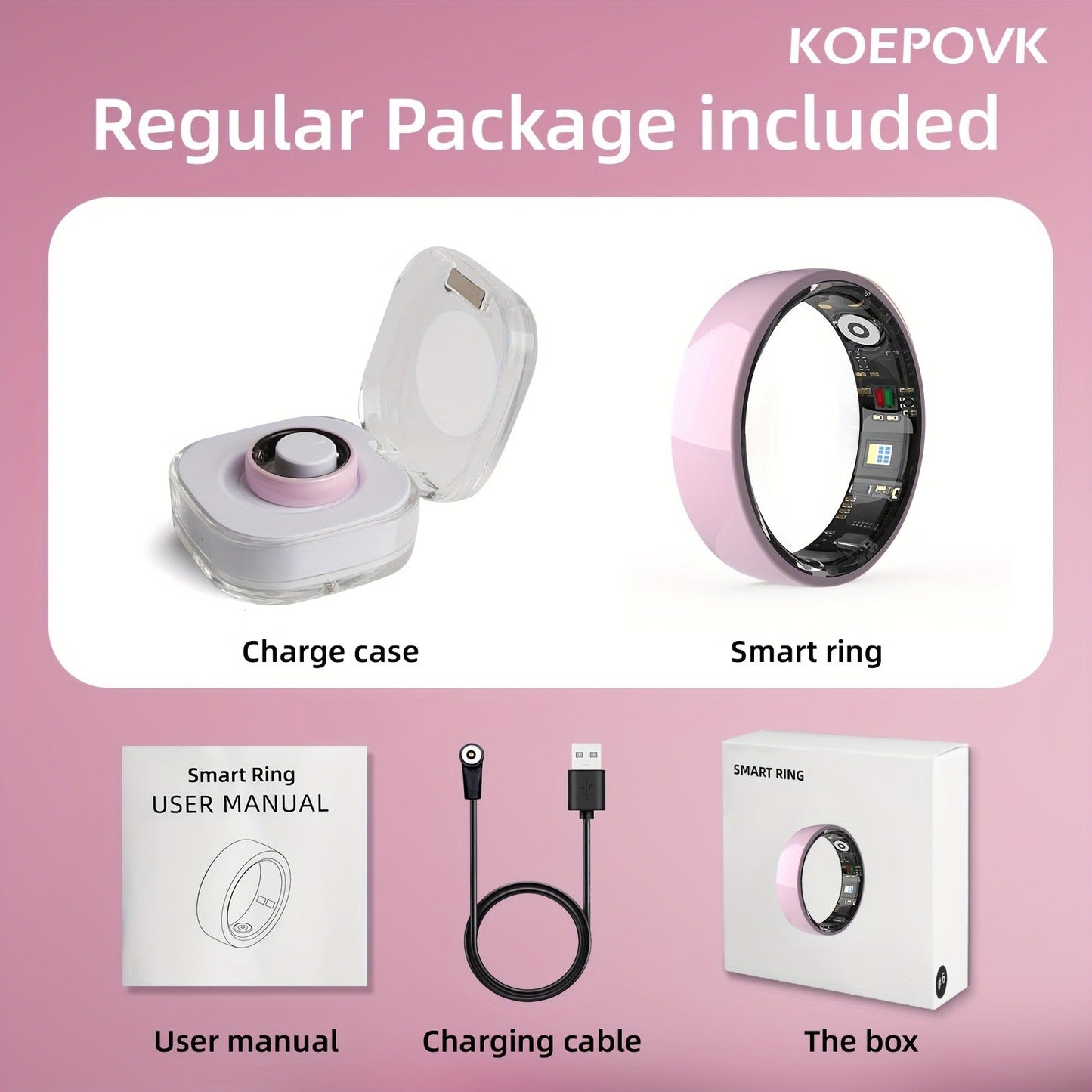 N-Style Smart Ring with Screenless Sensor Design, Charging Case, Black, Pink or White Finish and Sizes 7–13