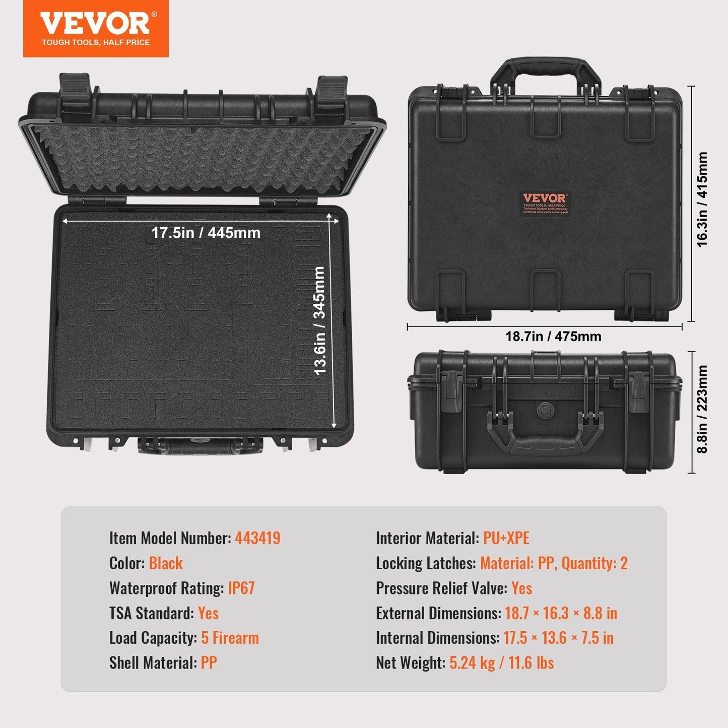 Hard Pistol Case IP67 Waterproof – TSA Approved Lockable Handgun Case with XPE Pre-Cut Foam Lining, Pressure Release Valve & Dual Padlock
