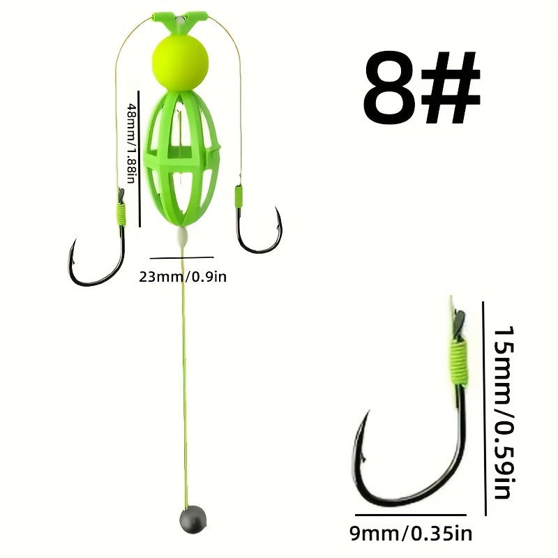 Fishing Hook Cage Set 3pcs Anti-Snag Double Hook Rig with Non-Twist Explosive & Flip Hooks – Carbon Steel Green Lure Fishing Bottom Hanging