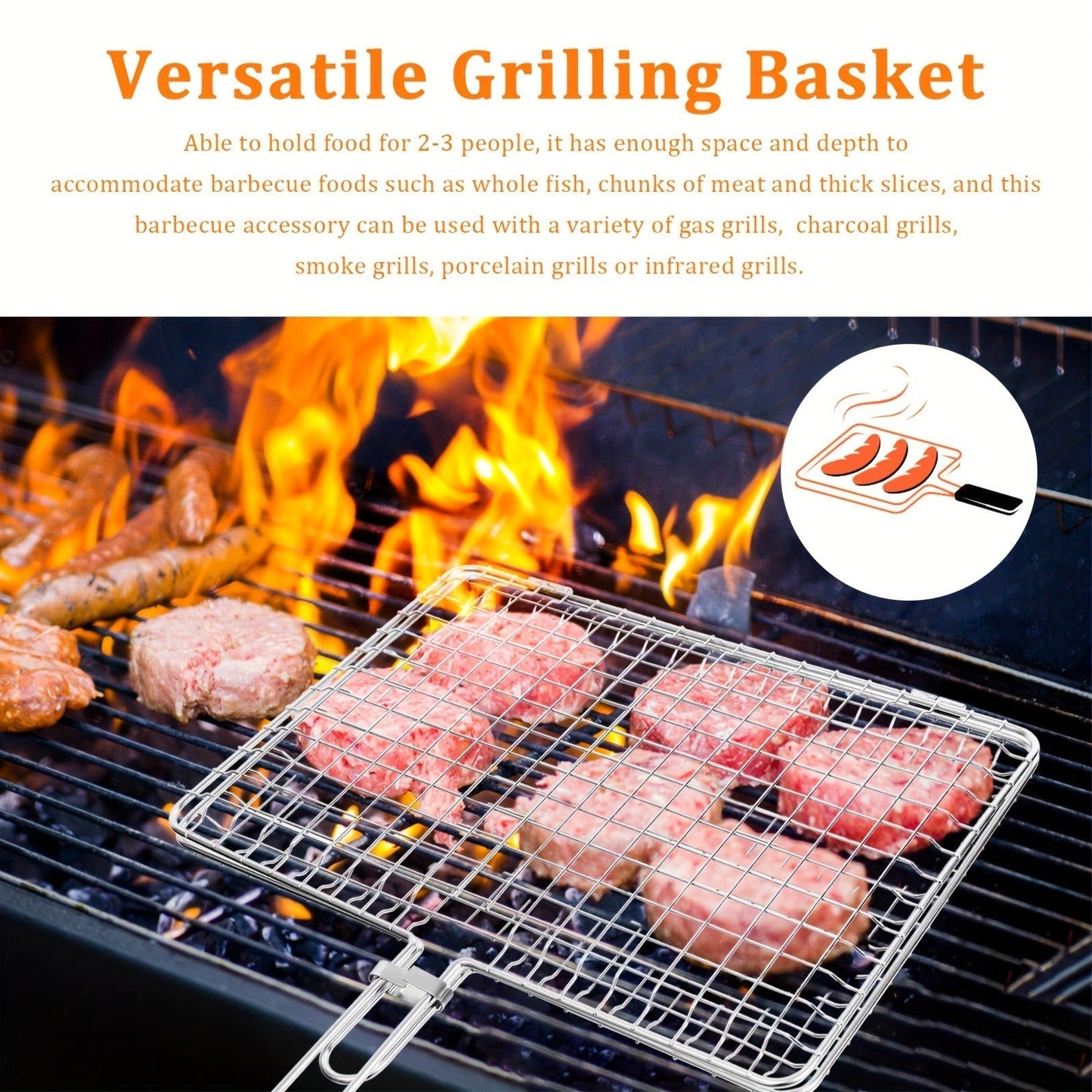 Grill Basket Stainless Steel Folding BBQ Grilling Basket for Fish Chicken Vegetables Shrimp Portable Outdoor Camping Barbecue Accessory 3
