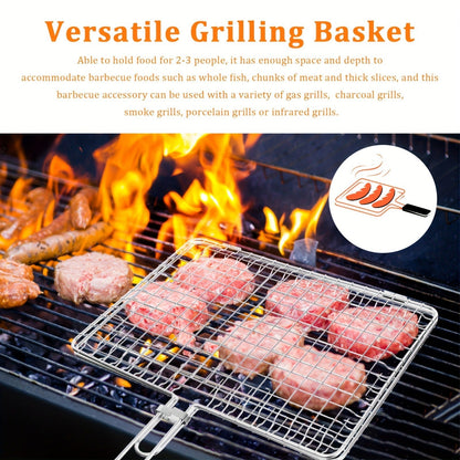 Grill Basket Stainless Steel Folding BBQ Grilling Basket for Fish Chicken Vegetables Shrimp Portable Outdoor Camping Barbecue Accessory 3