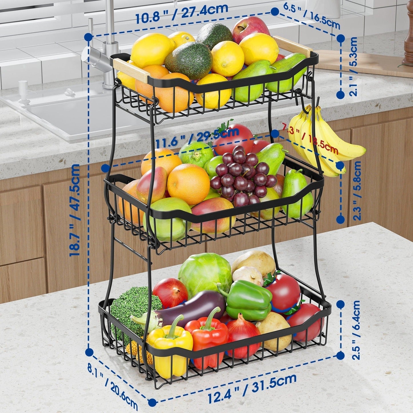 Tiered Fruit Basket Kitchen Organizer with Banana Hook, Removable 2 or 3 Metal Baskets and Wood Handle