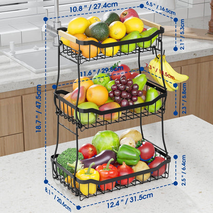 Tiered Fruit Basket Kitchen Organizer with Banana Hook, Removable 2 or 3 Metal Baskets and Wood Handle