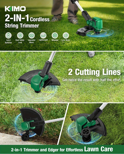 String Trimmer Cordless 2-in-1 Weed Wacker & Lawn Edger with Wheels, KIMO Brushless Motor 20000 RPM