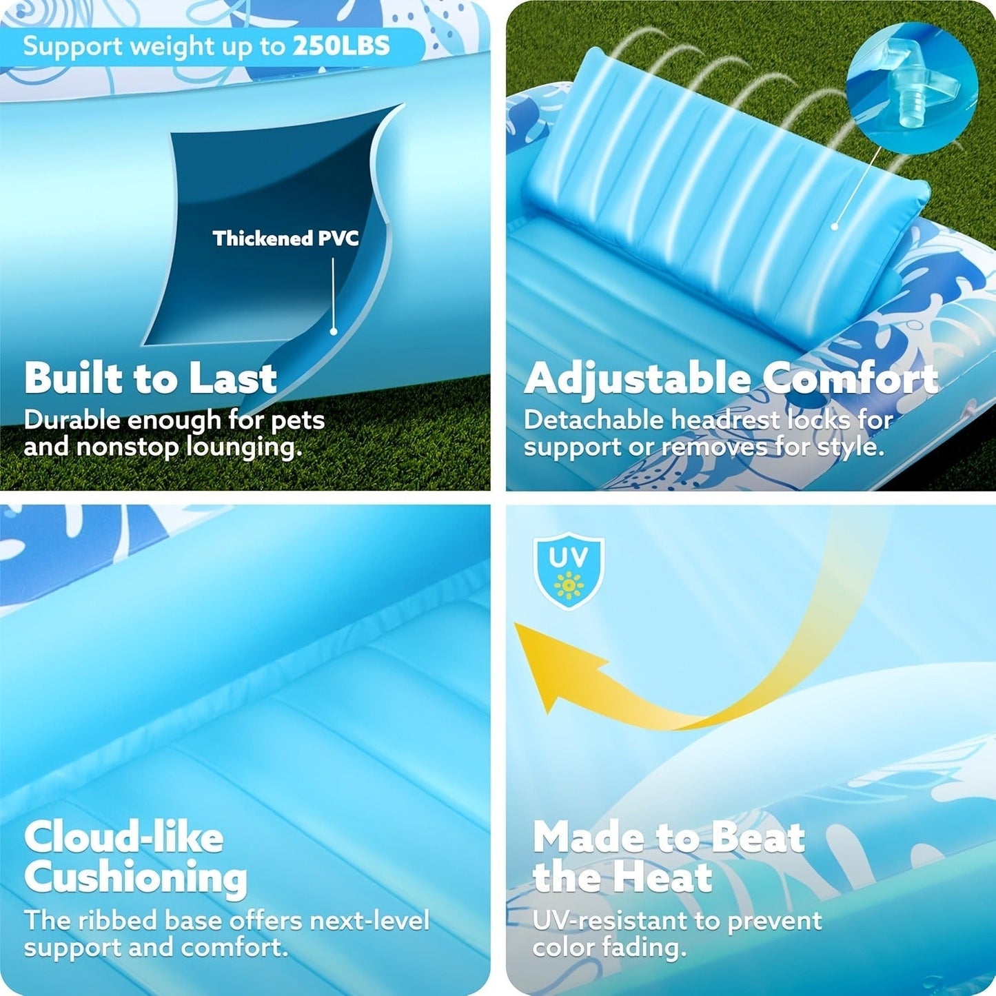 Tanning Pool Float 4-in-1, Inflatable Sunbathing Lounger with Detachable Pillow, Cup Holder & Wrap Rope