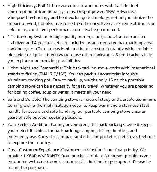 Backpacking Stove Cooking System with Pot Piezo Ignition 1KW Isobutane Burner 1.2L Pot Brackets Included for Garden, Patio and Yard Use