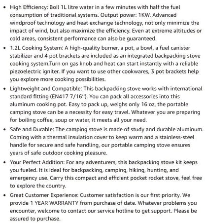 Backpacking Stove Cooking System with Pot Piezo Ignition 1KW Isobutane Burner 1.2L Pot Brackets Included for Garden, Patio and Yard Use