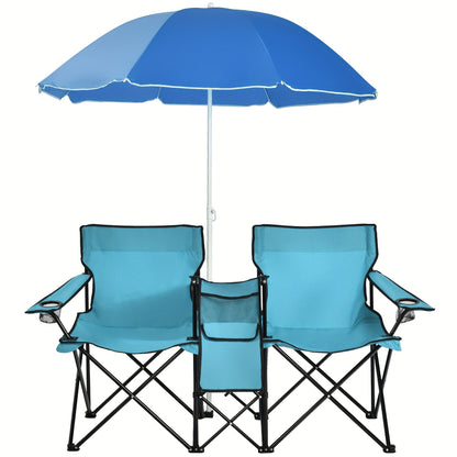 Folding Picnic Chair Set for 2, Umbrella, Cooler Bag & Table, 600 Lbs Capacity, Portable, for Camping, Travel and Outdoor Use
