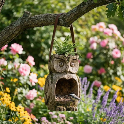 Bird Feeder Hanging Outdoor Rustic Wood Owl-Shaped Plant Pot for Patio Lawn Garden Decor – Open Design Decorative Planter for Bird Seed