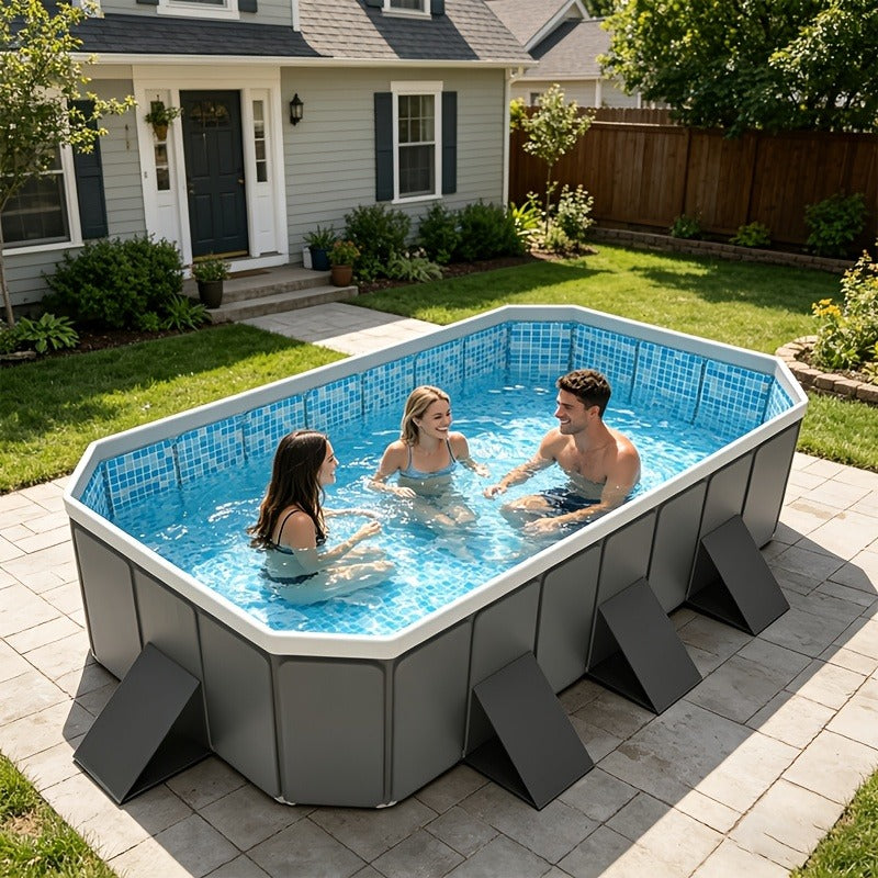 Large Rectangular Frame Pool, Non-Inflatable Backyard Swimming Pool with Drain for Garden, Patio and Yard Use