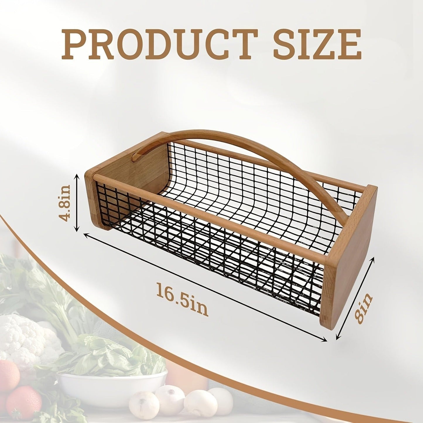 Garden Harvest Basket Metal Mesh with Wooden Handle – Rectangle Vegetable Fruit Picking Basket for Garden, Kitchen & Farmhouse Storage