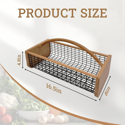 Garden Harvest Basket Metal Mesh with Wooden Handle – Rectangle Vegetable Fruit Picking Basket for Garden, Kitchen & Farmhouse Storage